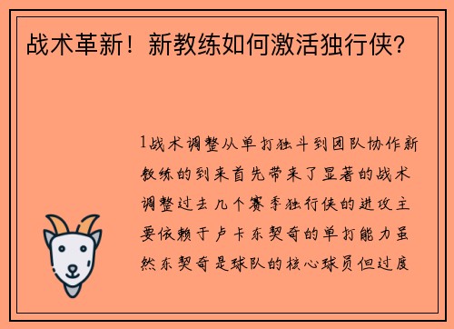 战术革新！新教练如何激活独行侠？