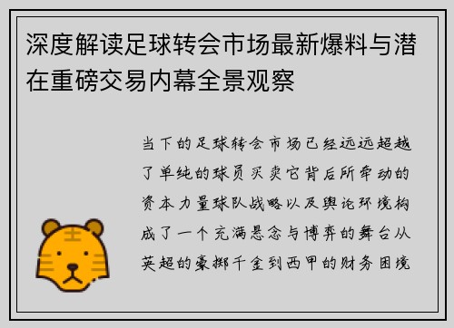 深度解读足球转会市场最新爆料与潜在重磅交易内幕全景观察 深度解读足球转会市场最新爆料与潜在重磅交易内幕全景观察